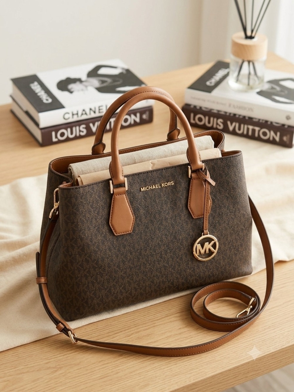 Michael Kors Brown Monogram Satchel with Tan Handles
